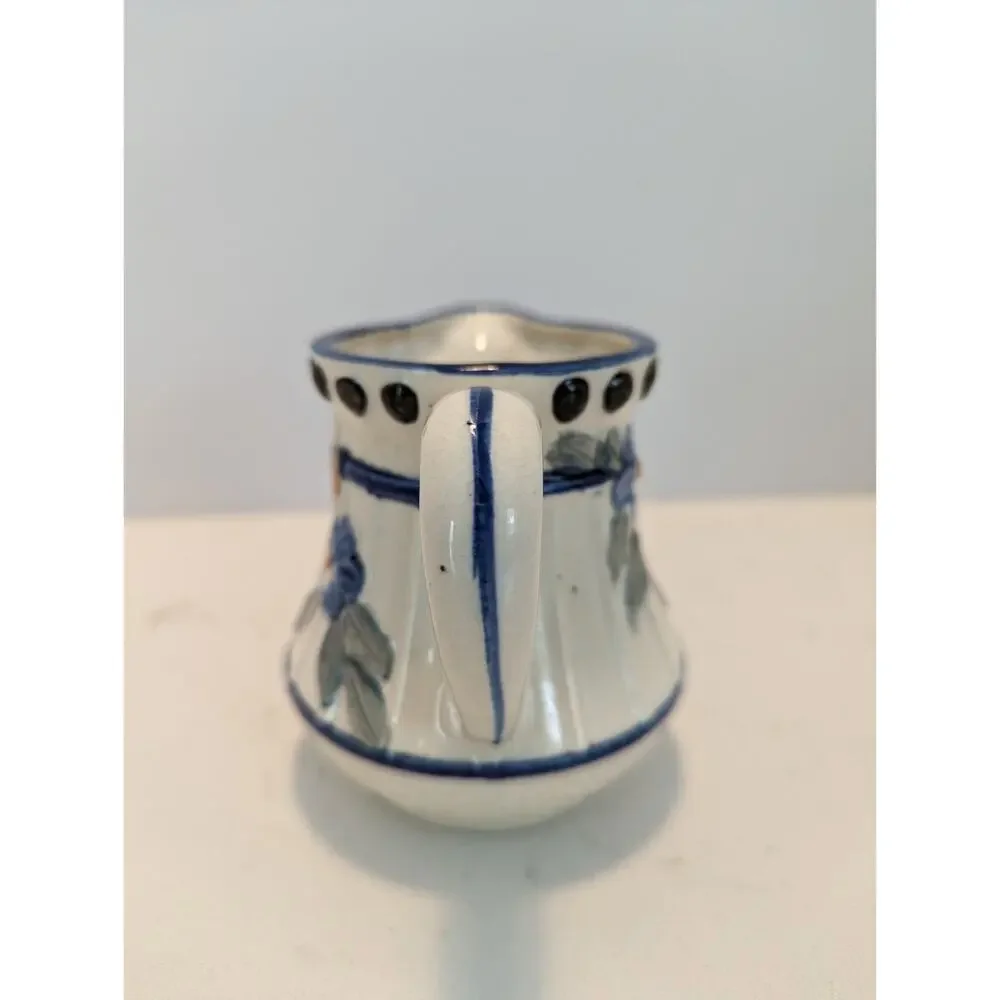 Vintage Japanese Pitcher Ceramic Creamer Hand painted Blue White Floral